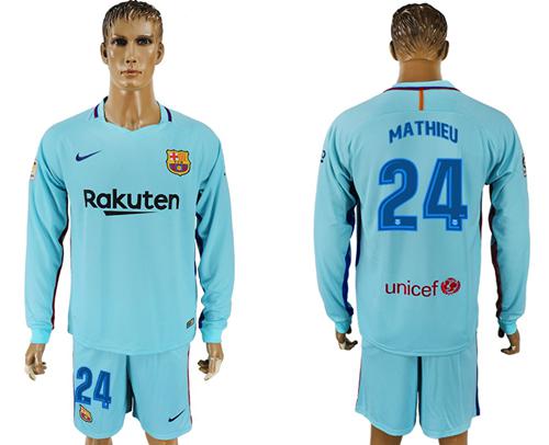 Barcelona #24 Mathieu Away Long Sleeves Soccer Club Jersey